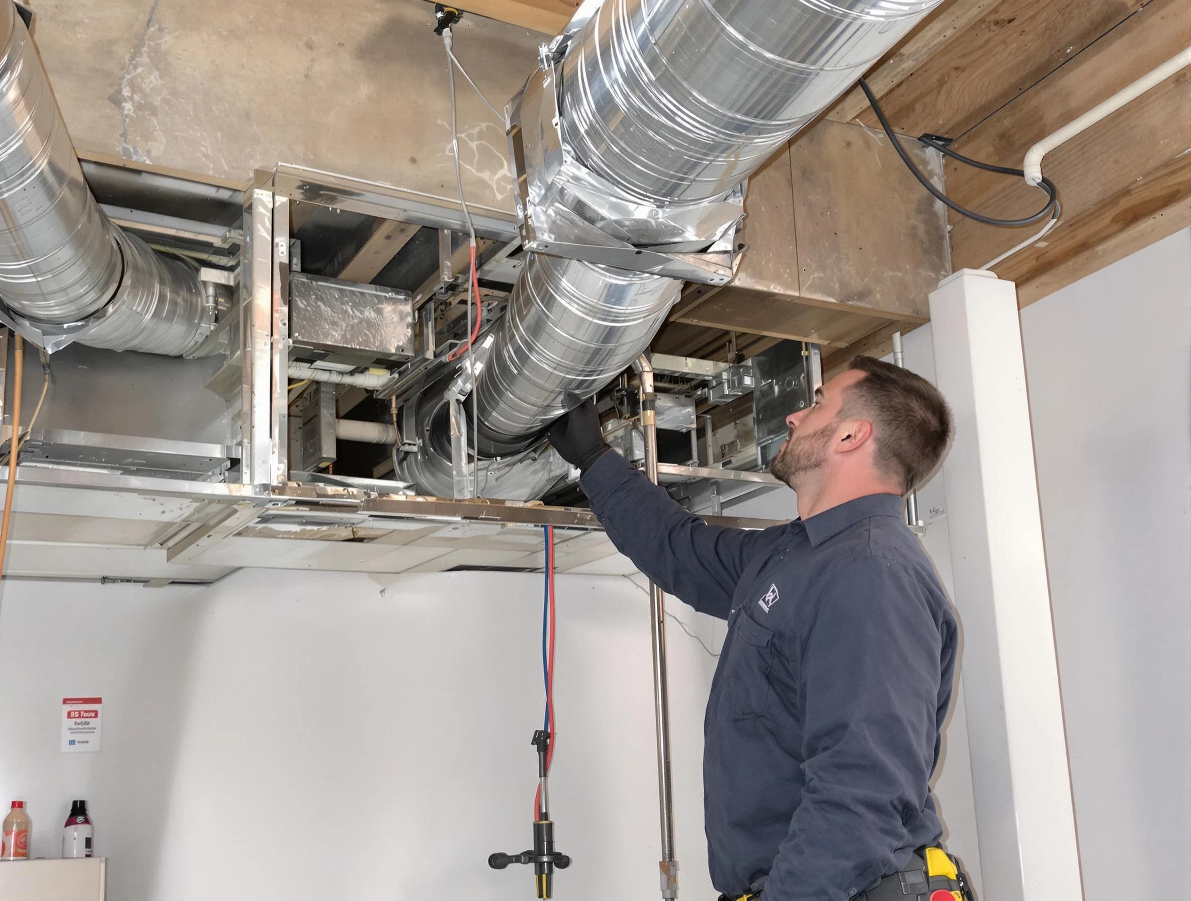 Moore Air Duct Cleaning technician performing professional air duct repair using specialized tools in Moore